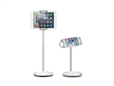 8f3cb44f-7d4a-5a1f-17c6-30b9b86d7b4d Adjustable tablet and phone floor stands on white background.