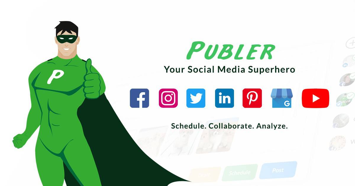 Publer social media superhero with platform icons and features.