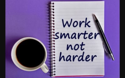 Notebook with 'Work smarter not harder' text, coffee, pen.