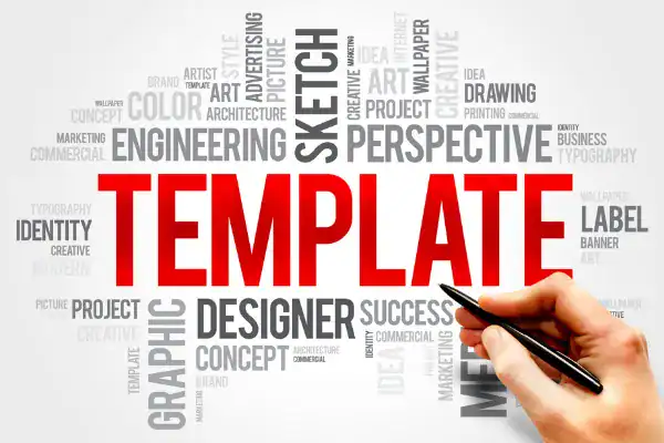 TEMPLATE word cloud with design terms and a hand.