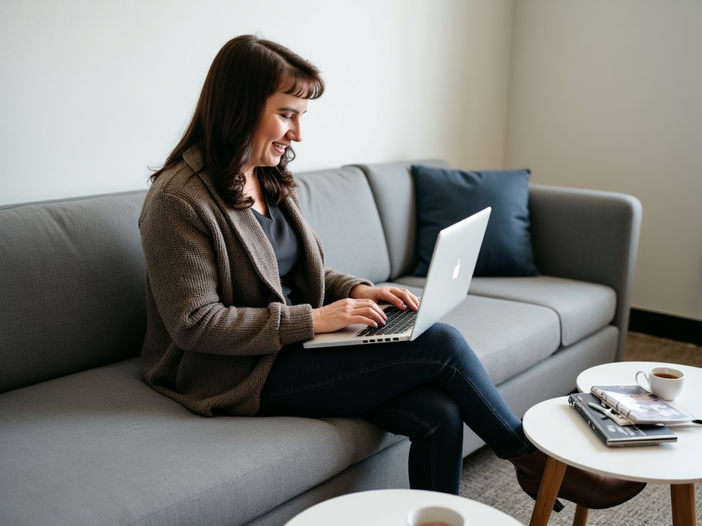Professional-Business-Consultant-Remote-Support-Targeted-Business-Support A professional Christine Thomas consultant smiling while working on a laptop from a comfortable home office setting, representing personalized and flexible business support services.