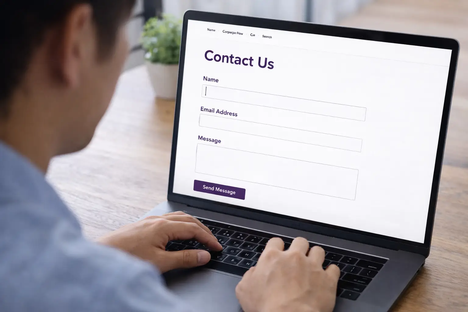 Secure-Contact-Form-Consultation-Targeted-Business-Support A professional reviewing a clean "Contact Us" web form on a laptop, illustrating the secure lead generation process at Targeted Business Support.
