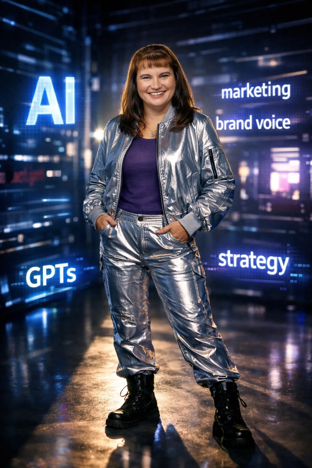 A professional woman in a silver suit standing in a digital environment with floating AI marketing terms like Brand Voice, Strategy, and GPTs.
