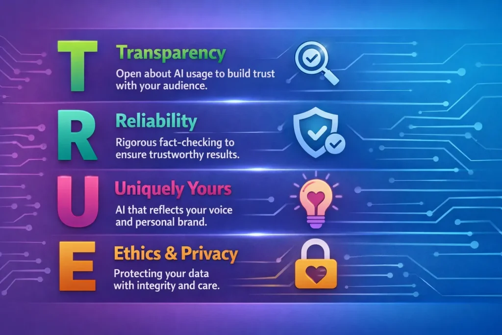Infographic of the TRUE AI framework: Transparency, Reliability, Uniquely Yours, and Ethics & Privacy, used by Targeted Business Support for marketing.