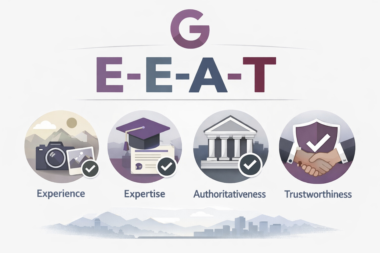 Google E-E-A-T infographic for Targeted Business Support, illustrating the four pillars of search quality: Experience, Expertise, Authoritativeness, and Trustworthiness for digital marketing.