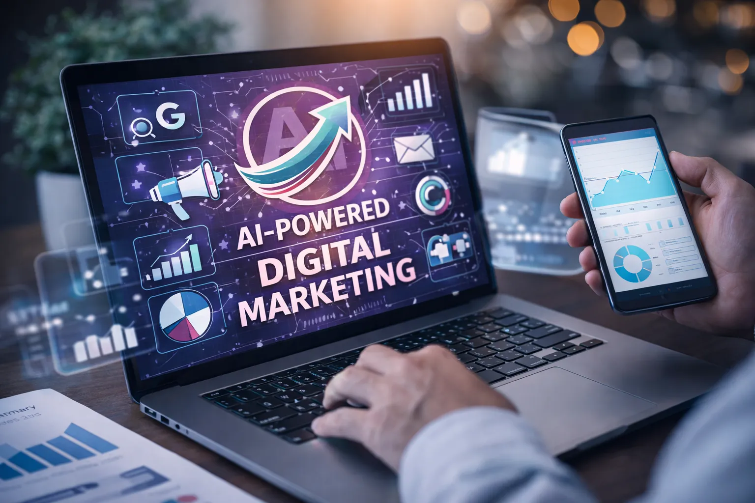 Website-Compliance-and-Legal-Privacy-Protection personal typing on a laptop that says AI-Powered Digital Marketing