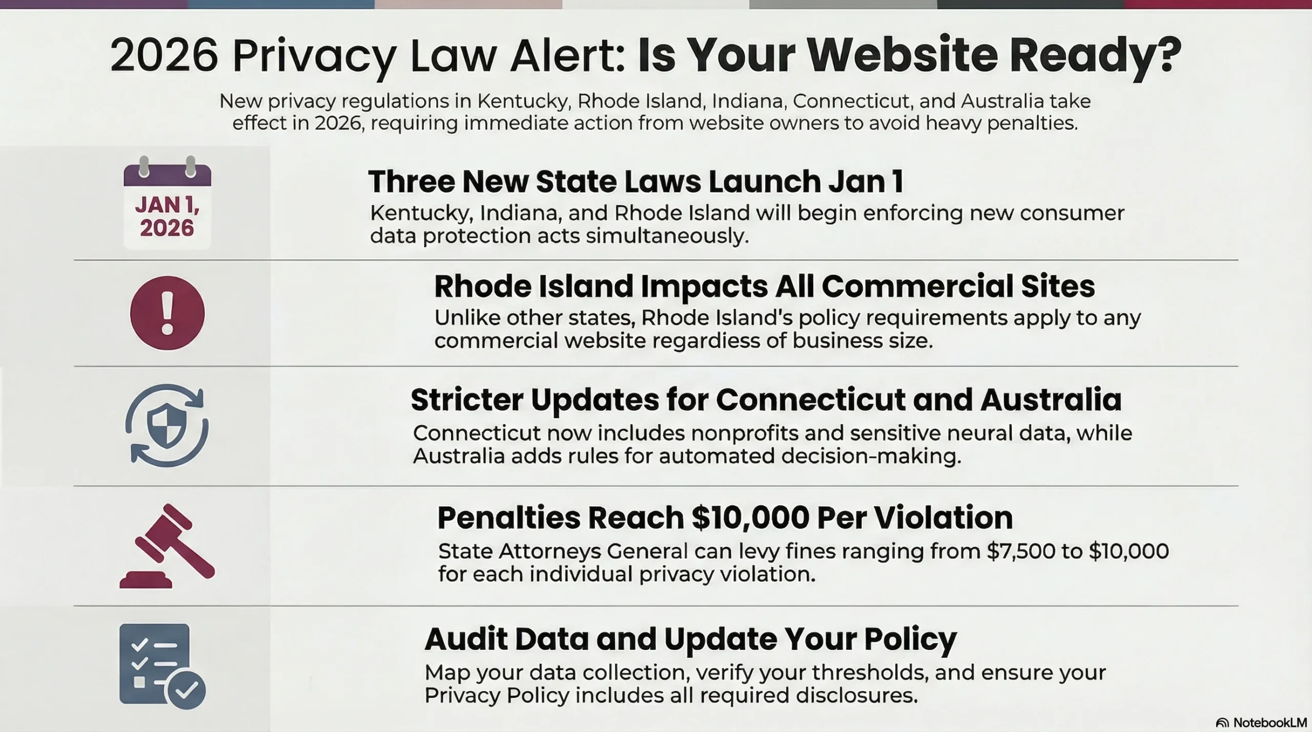 Infographic titled "2026 Privacy Law Alert" detailing new regulations in Kentucky, Rhode Island, Indiana, Connecticut, and Australia with penalty warnings.