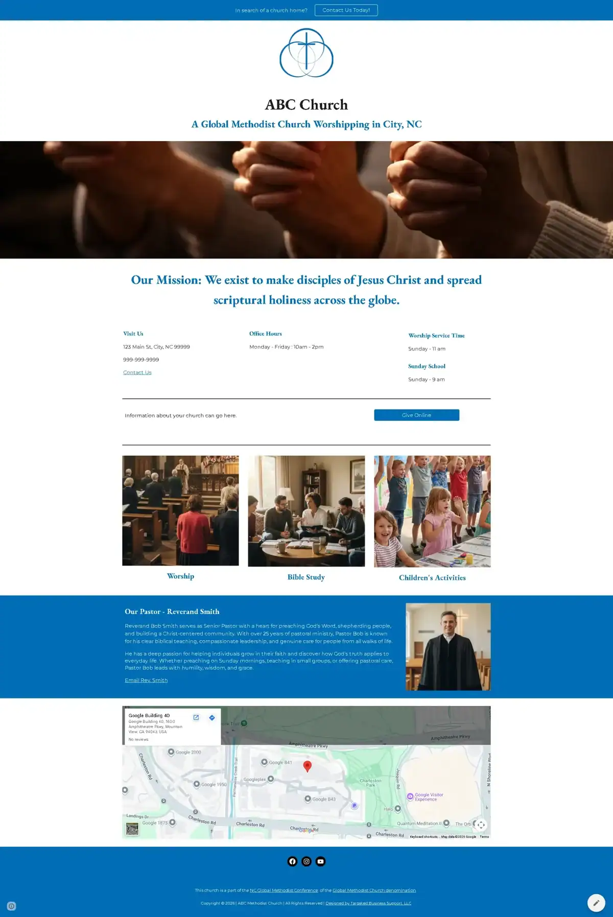 nc-global-methodist-church-website-template-three.webp Full-page screenshot of Template Three for ABC Church, a Global Methodist Church in NC, featuring sections for Worship, Bible Study, and Children's Activities.