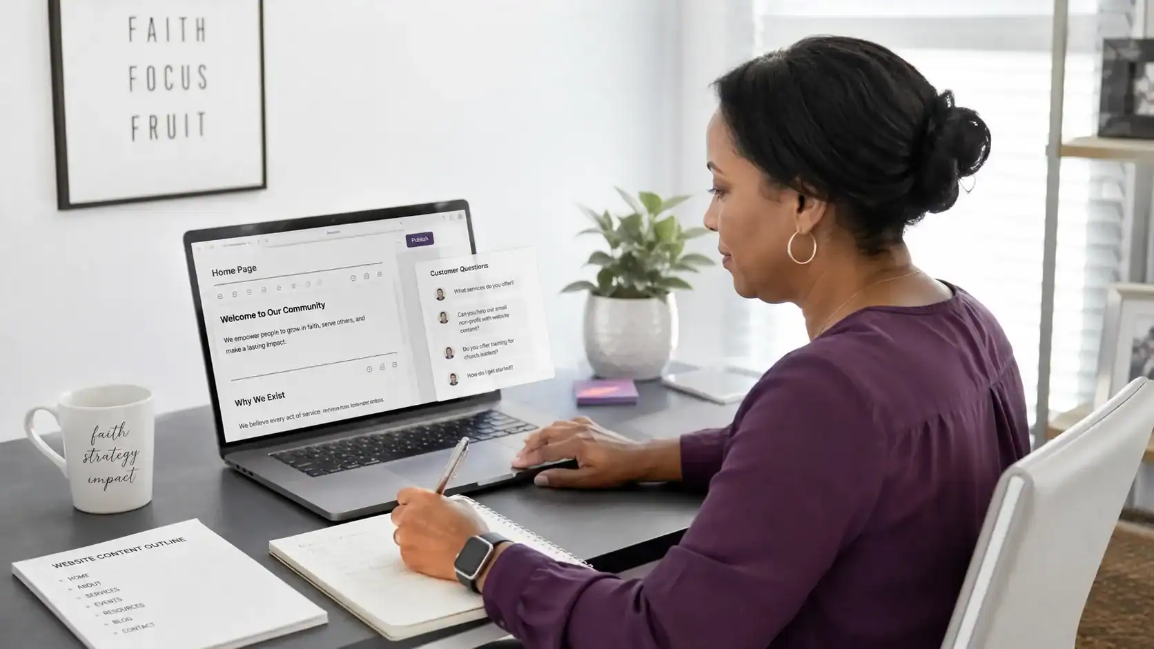 Woman working on laptop, writing notes, creating website content.
