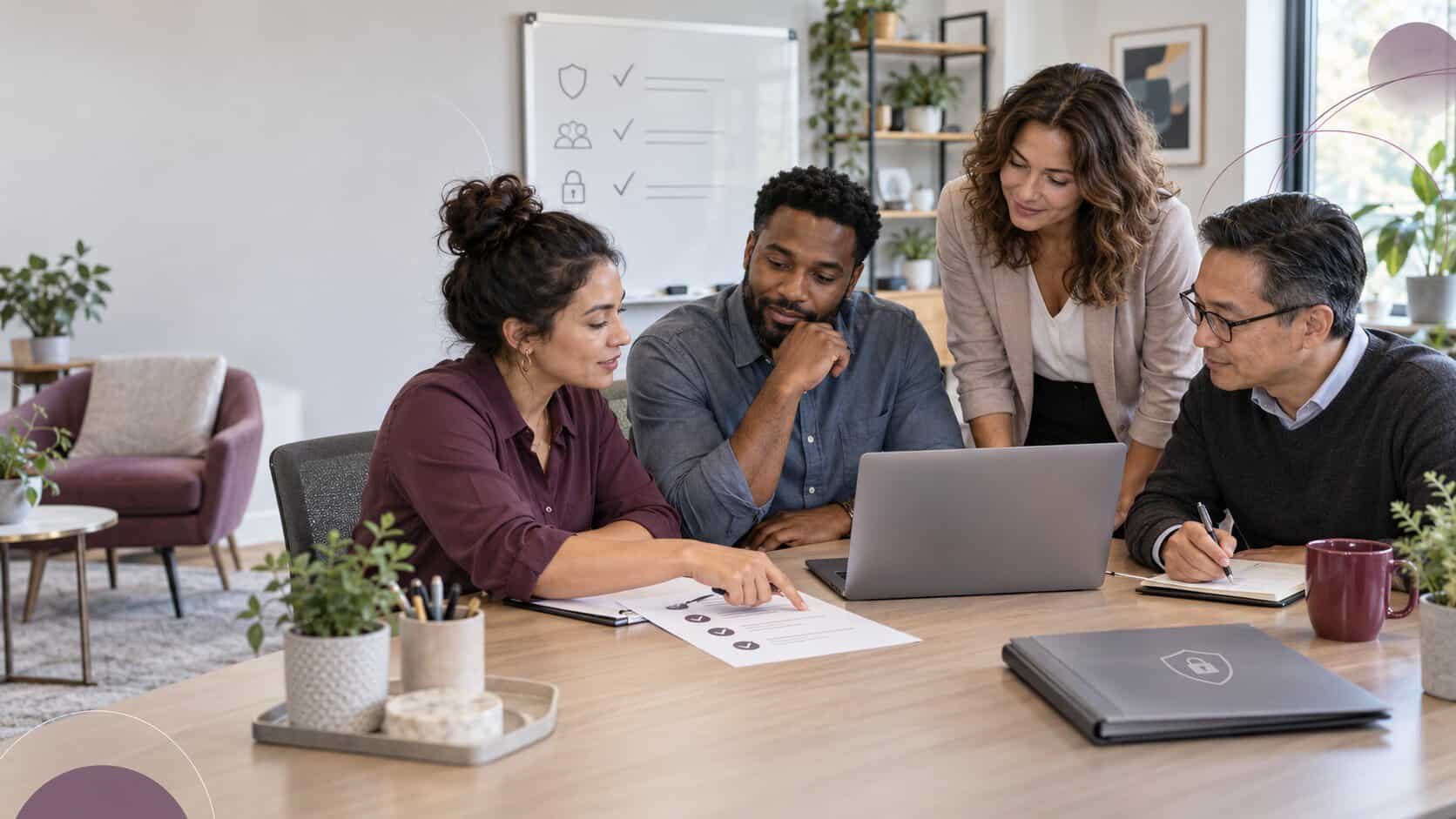 Four diverse professionals collaborating in a modern office meeting.